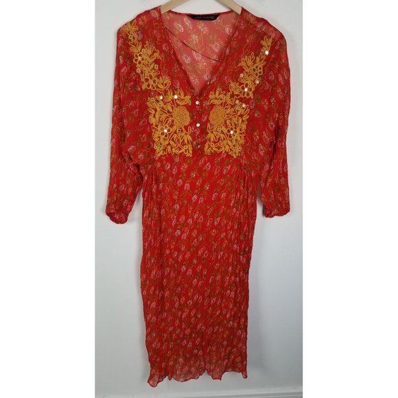 Zara Woman Dresses & Skirts - Zara Woman Sz. S Red & Gold Floral Long Sleeve Chiffon Midi Sheer Dress